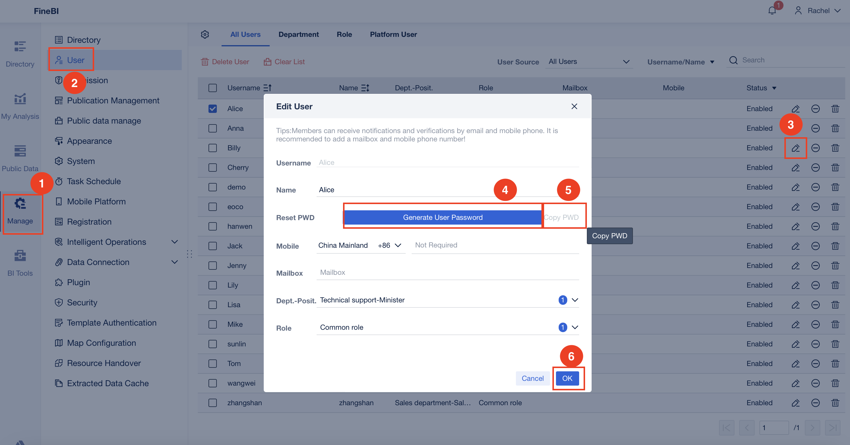 User Modifying/Resetting Password- FineBI Help Document