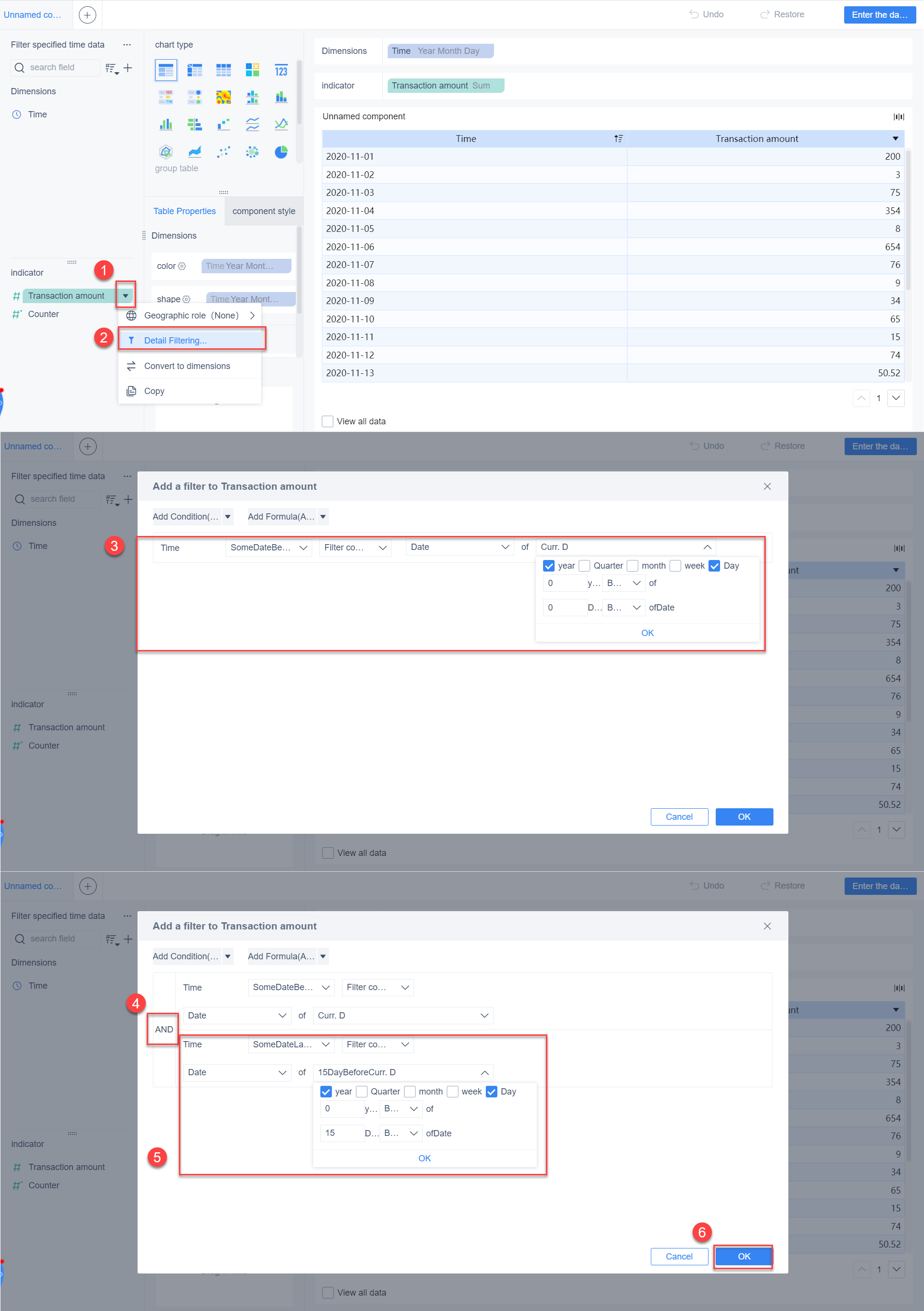 Dynamically display the data before and after the filter component ...