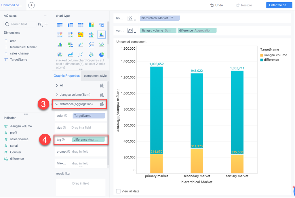 Stack column chart shows total and part- FineBI Help Document FineBI ...