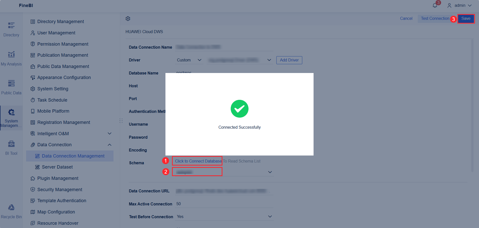 Data Connection to HUAWEI Cloud DWS- FineBI Help Document 7.0