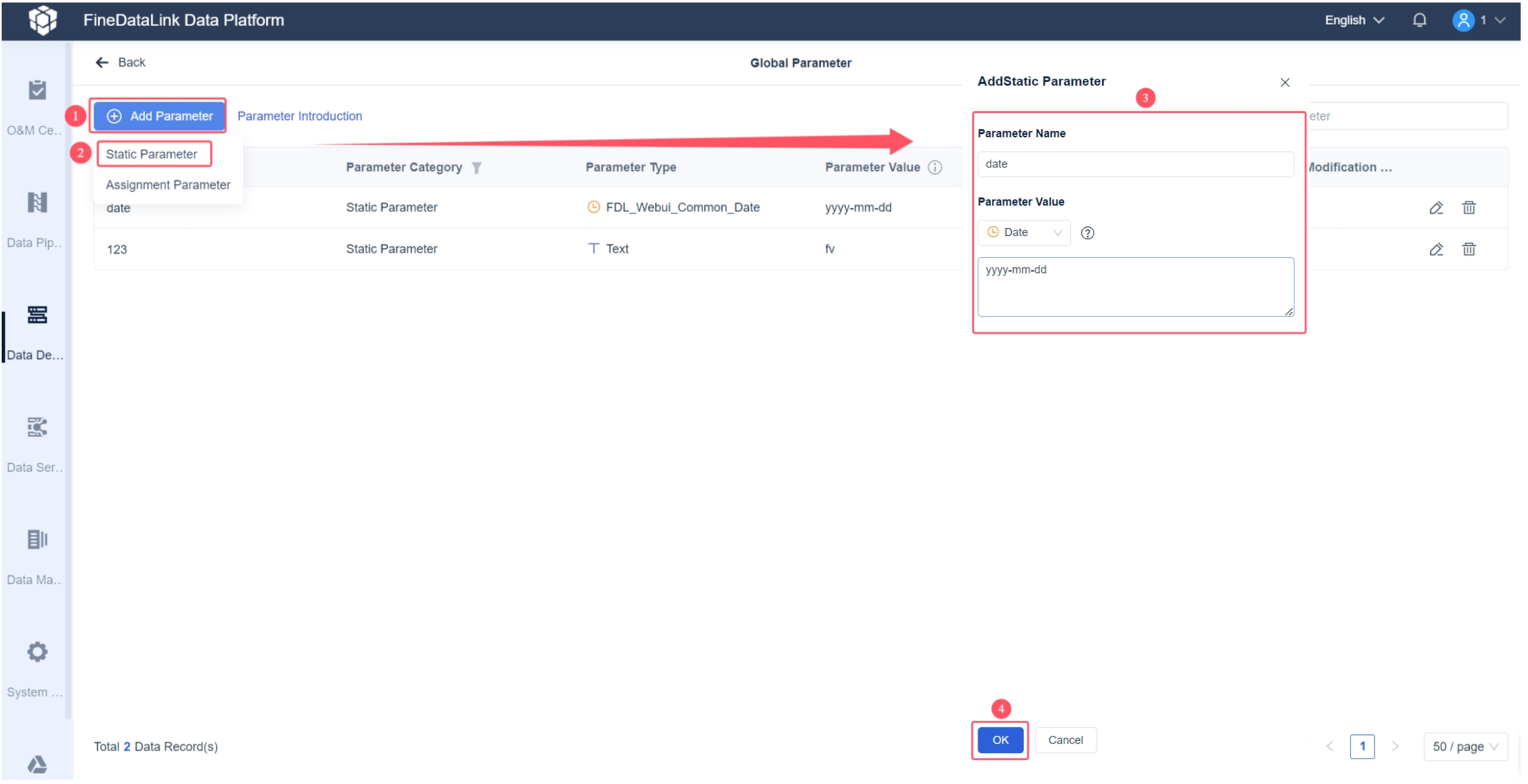 Global Parameter - Static Parameter- FineDataLink Help Document