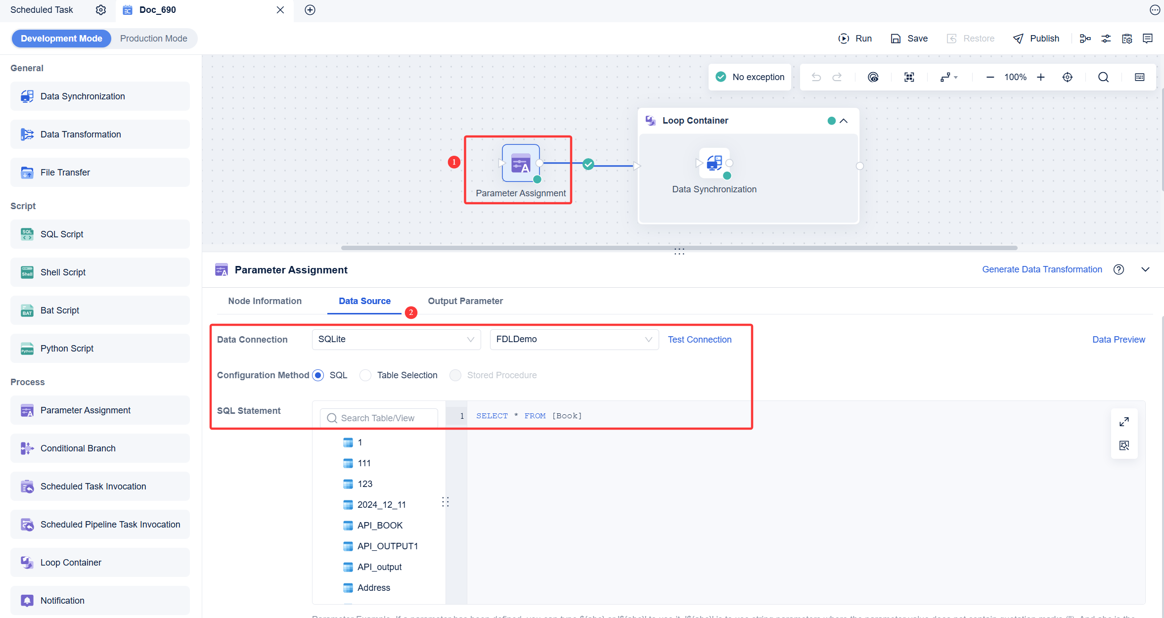 Simple Example of Loop Container- FineDataLink Help Document