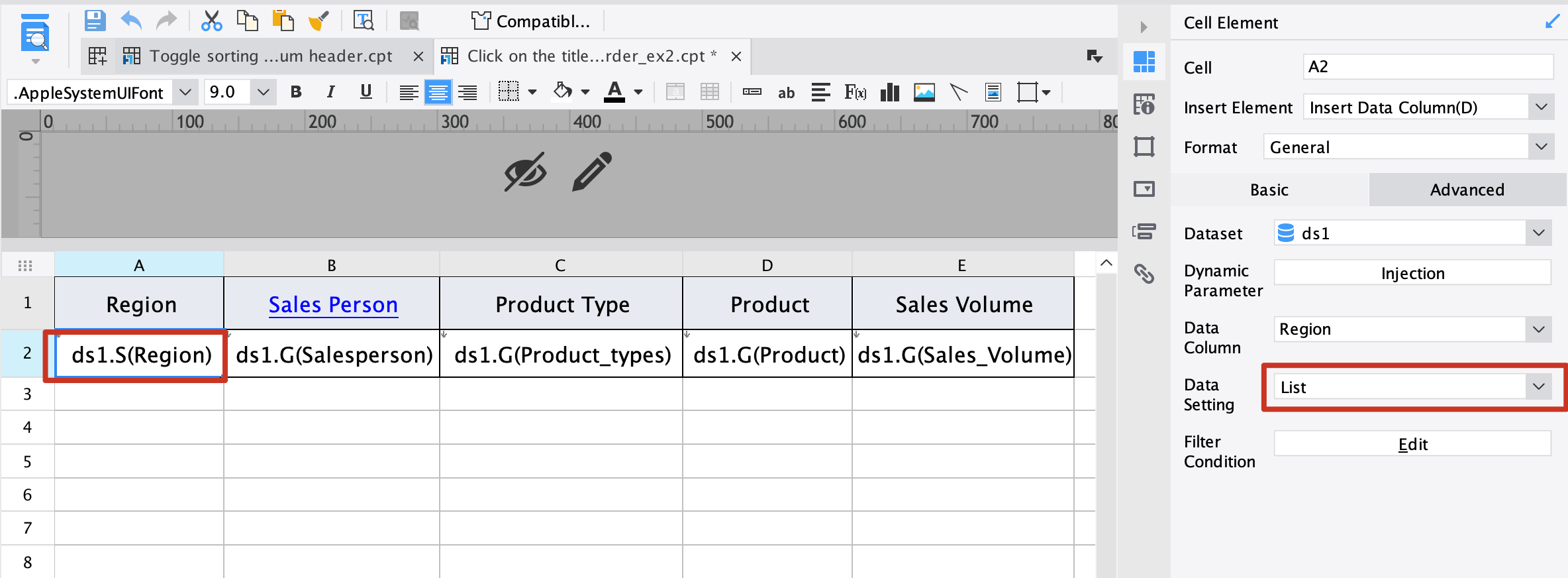 Clicking a Column Header to Change the Sort Order-FineReport Help Document