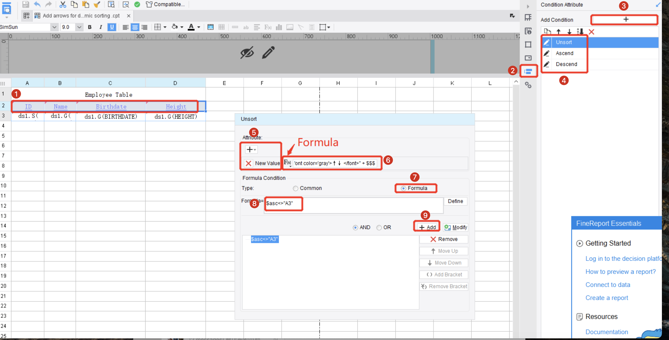 Adding Arrows for Dynamic Sorting-FineReport Help Document