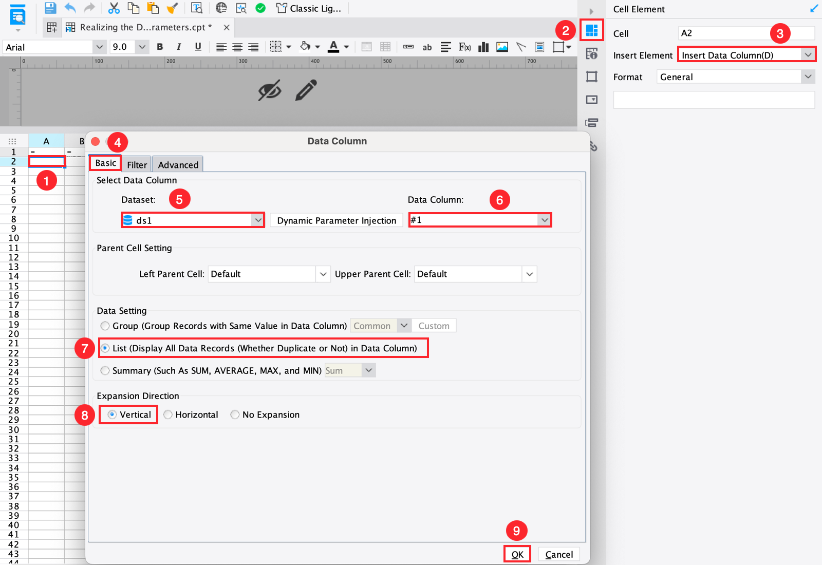 Dynamic Column by a Dataset Parameter-FineReport Help Document