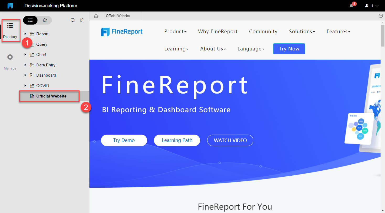 Add Content to Platform Directory-FineReport Help Document