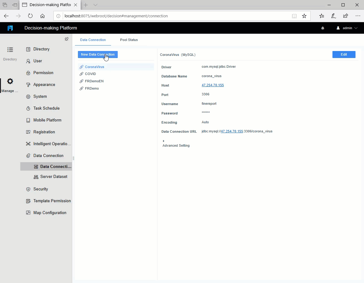 Data Connection at Platform-FineReport Help Document