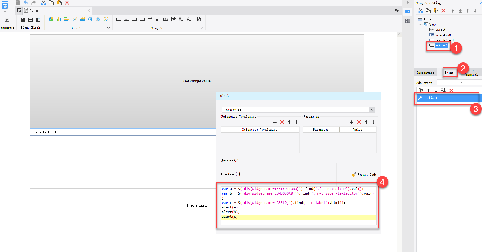 JS Report Button Control Gets Other Control Values-FineReport Help Document
