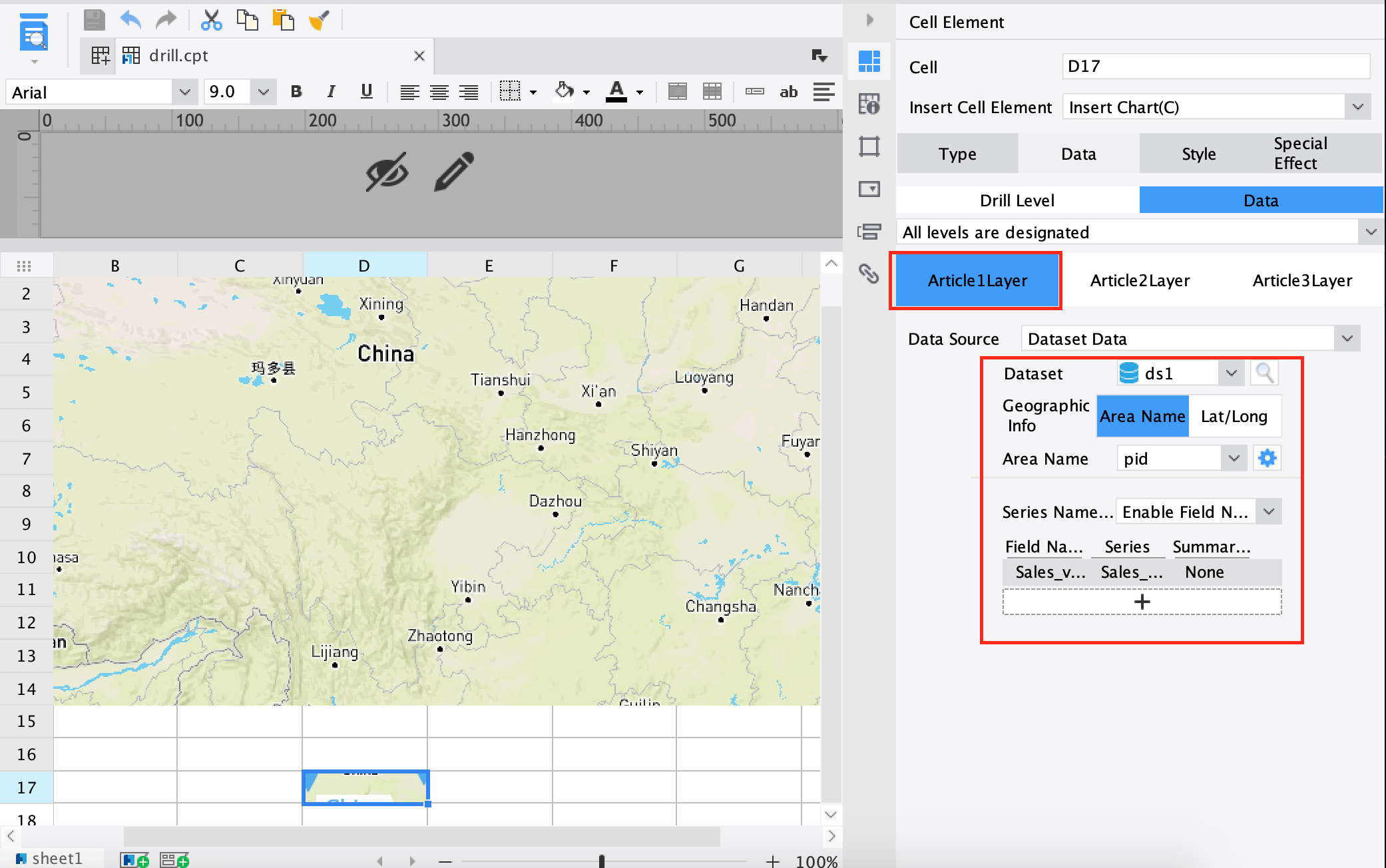 地図で階層関係を自動ドリル- FineReport Help Document