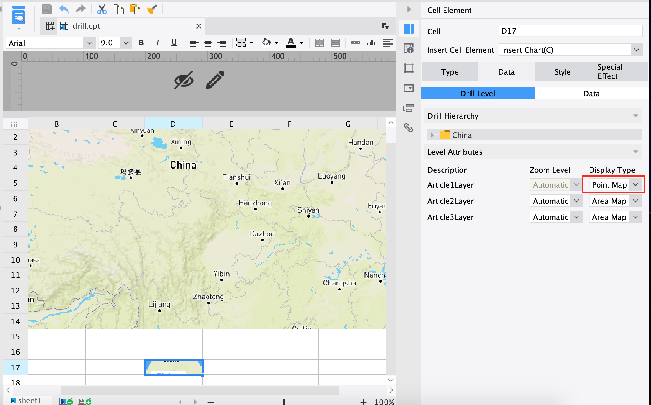 地図で階層関係を自動ドリル- FineReport Help Document