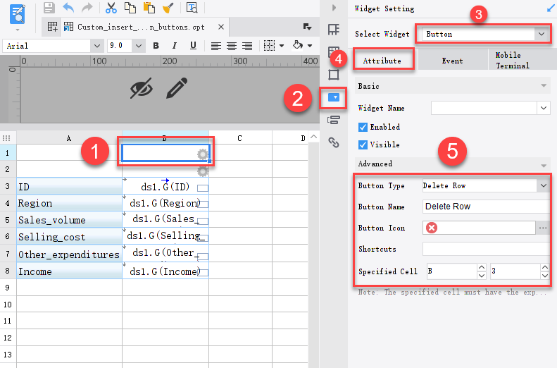 Custom insert and delete column buttons-FineReport Help Document