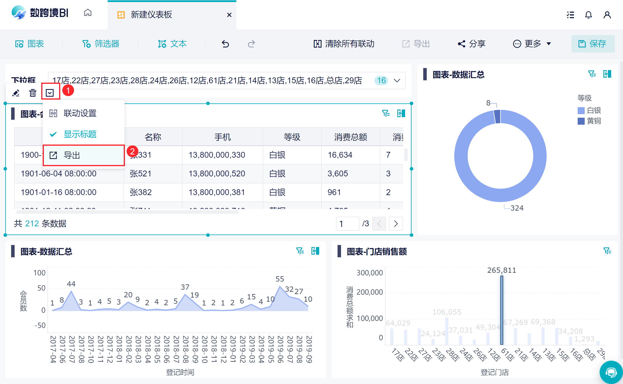 1 仪表板编辑界面导出在仪表板编辑界面中,选中图表,下拉选择「导出」